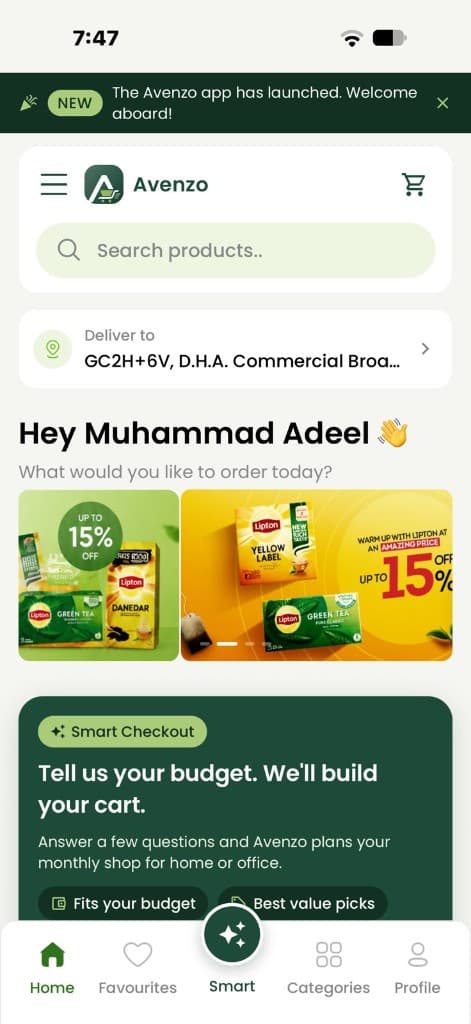 Avenzo app home with the launch announcement